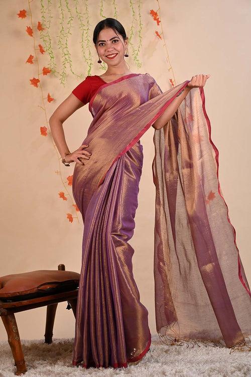 Ready To Wear Organza Tissue With Tassels Dhoop Chaanv Wine On Pallu  Wrap in 1 minute saree