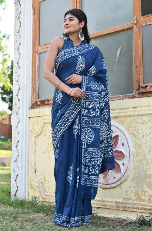 Drape saree Indigo Handblock Print mulmul one minute saree