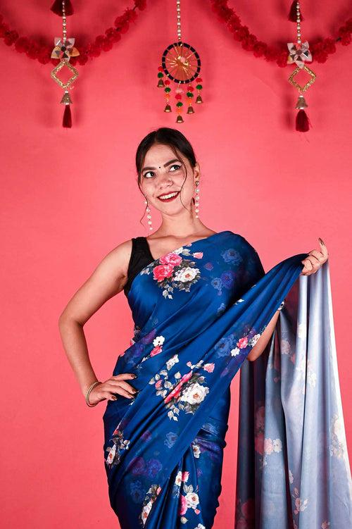 Ready To Wear Floss Japan Satin Navy Blue Floral Printed   Wrap in 1 minute saree