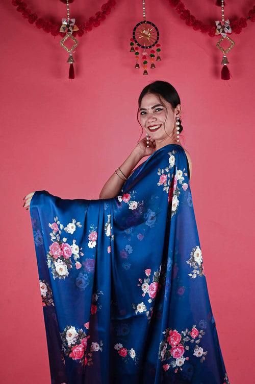 Ready To Wear Floss Japan Satin Navy Blue Floral Printed   Wrap in 1 minute saree