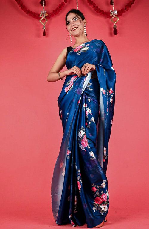 Ready To Wear Floss Japan Satin Navy Blue Floral Printed   Wrap in 1 minute saree