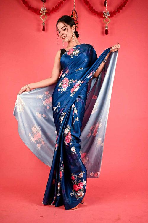 Ready To Wear Floss Japan Satin Navy Blue Floral Printed   Wrap in 1 minute saree