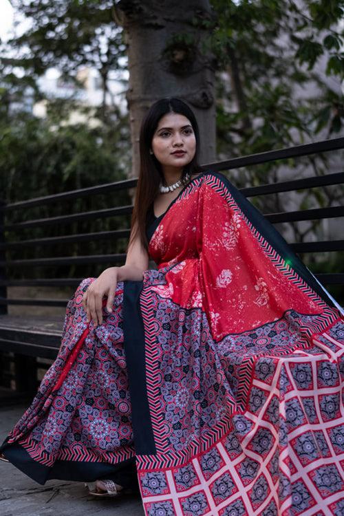 Comfortable Red & Black Soft like butter Printed All Over Wrap in 1 minute saree