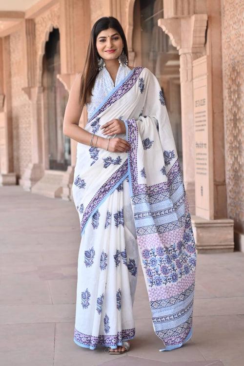 Summer bestie handblock jaipuri sanganeri mulmul ready to wear saree