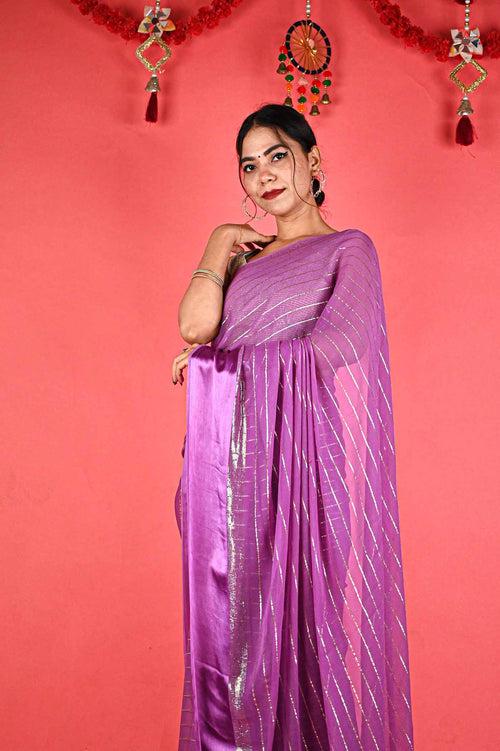 Ready To Wear Ravishing Georgette Lavender With silver Interwoven  Wrap in 1 minute saree