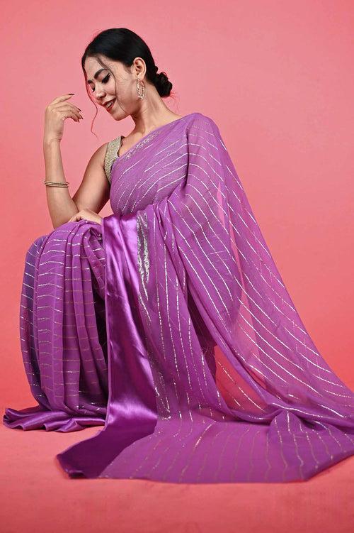 Ready To Wear Ravishing Georgette Lavender With silver Interwoven  Wrap in 1 minute saree