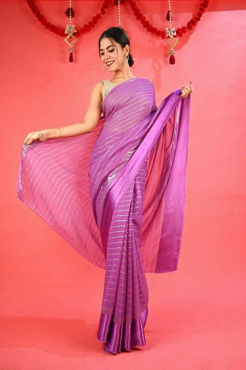 Ready To Wear Ravishing Georgette Lavender With silver Interwoven  Wrap in 1 minute saree