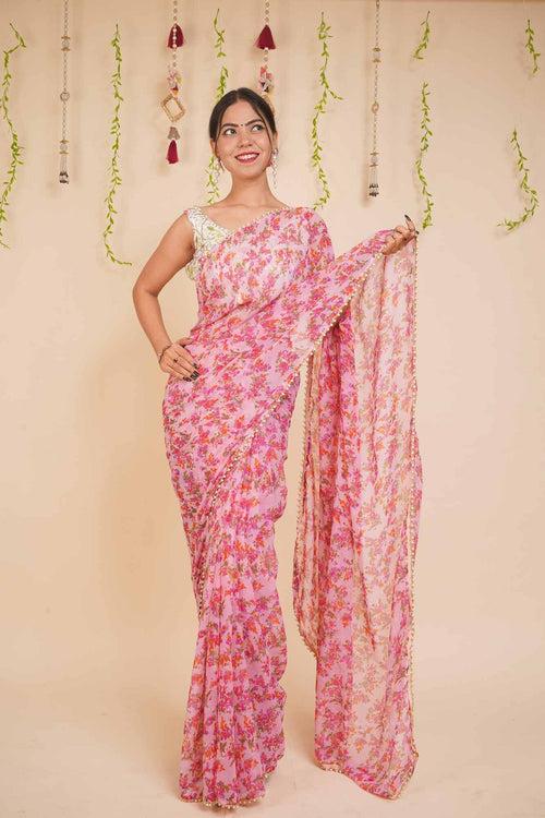 Appealing Pink Georgette Floral Printed Saree with Moti Lace Wrap in 1 minute Saree