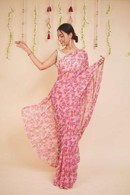 Appealing Pink Georgette Floral Printed Saree with Moti Lace Wrap in 1 minute Saree