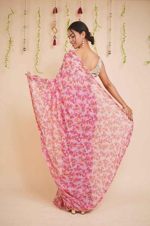 Appealing Pink Georgette Floral Printed Saree with Moti Lace Wrap in 1 minute Saree