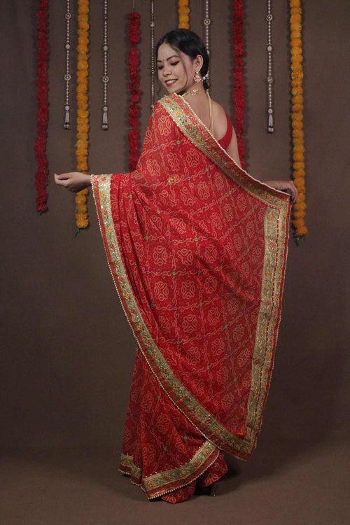 Red Bandhani Gotta Patti Bandhani Wrap in 1 minute saree