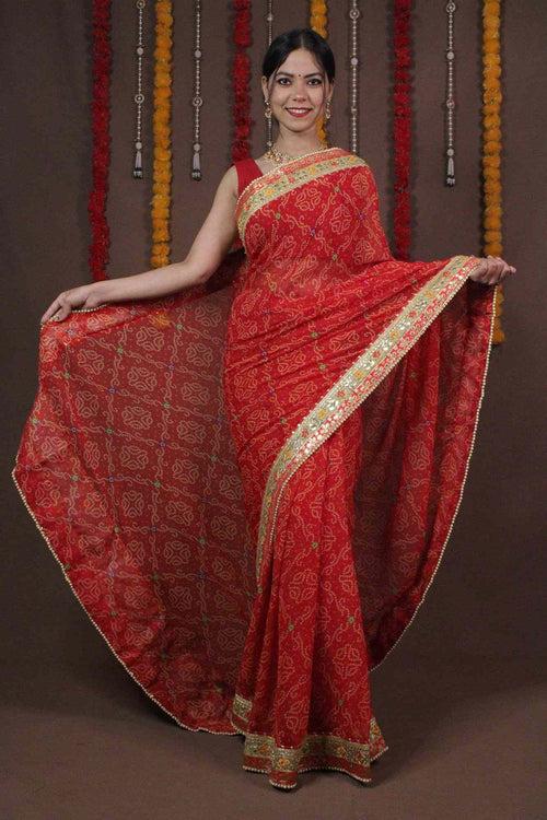 Red Bandhani Gotta Patti Bandhani Wrap in 1 minute saree