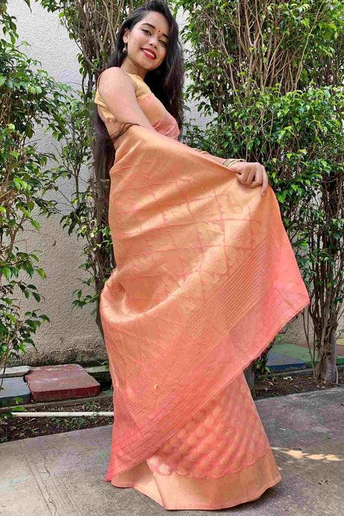 Peach Banarasi woven wrap in 1 minute sari