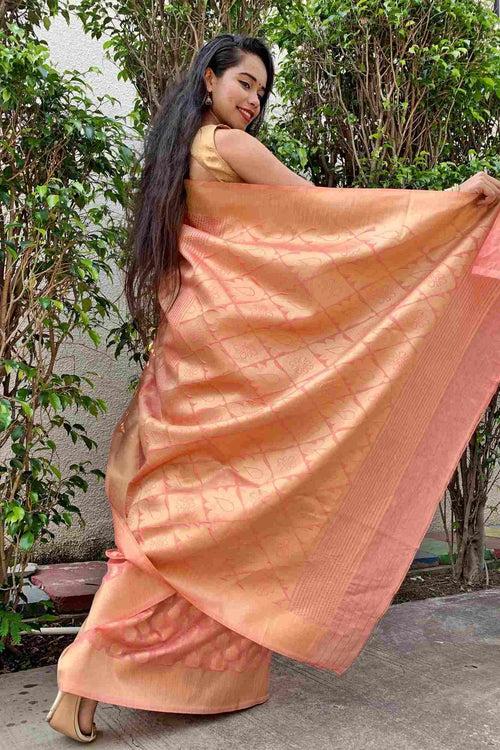 Peach Banarasi woven wrap in 1 minute sari