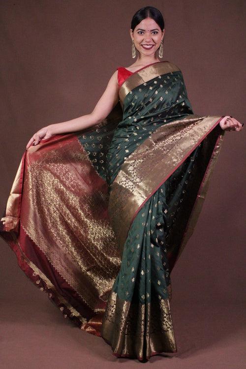 Beautiful Green Banarasi Silk with Zari Woven Border Wrap in 1 minute saree
