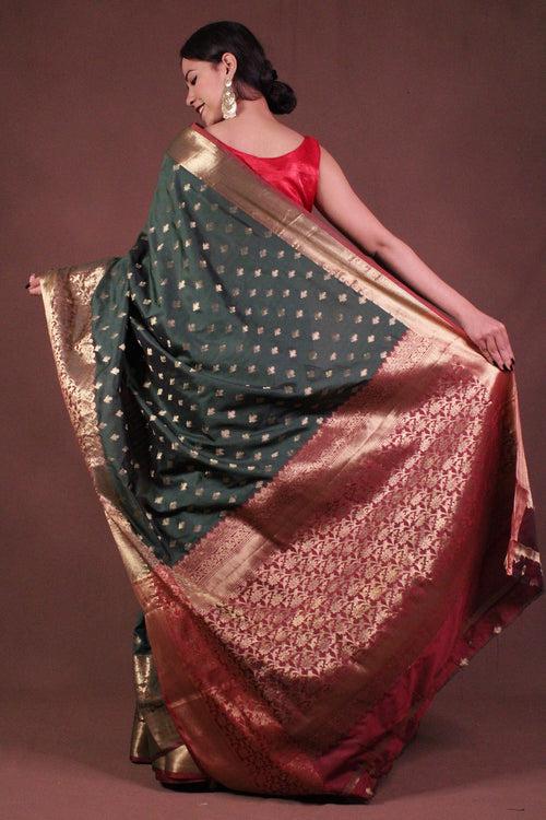 Beautiful Green Banarasi Silk with Zari Woven Border Wrap in 1 minute saree
