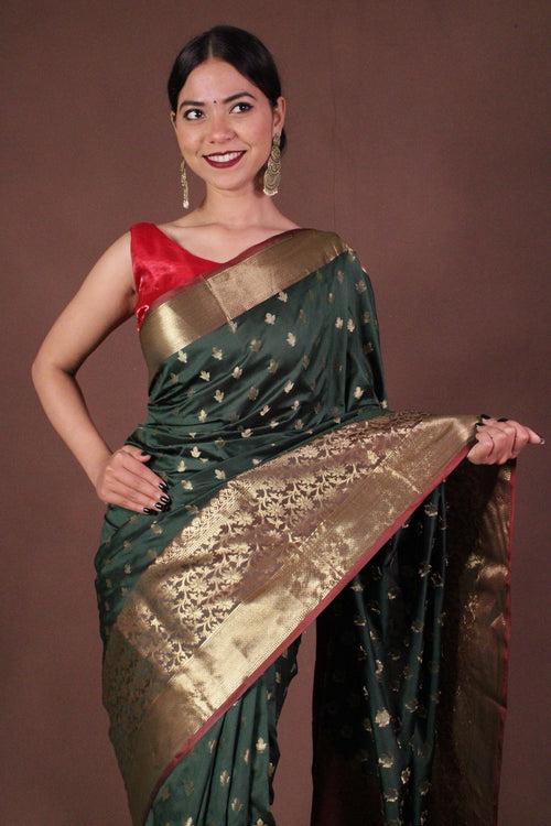 Beautiful Green Banarasi Silk with Zari Woven Border Wrap in 1 minute saree