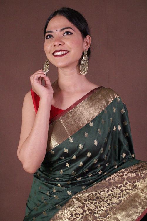 Beautiful Green Banarasi Silk with Zari Woven Border Wrap in 1 minute saree