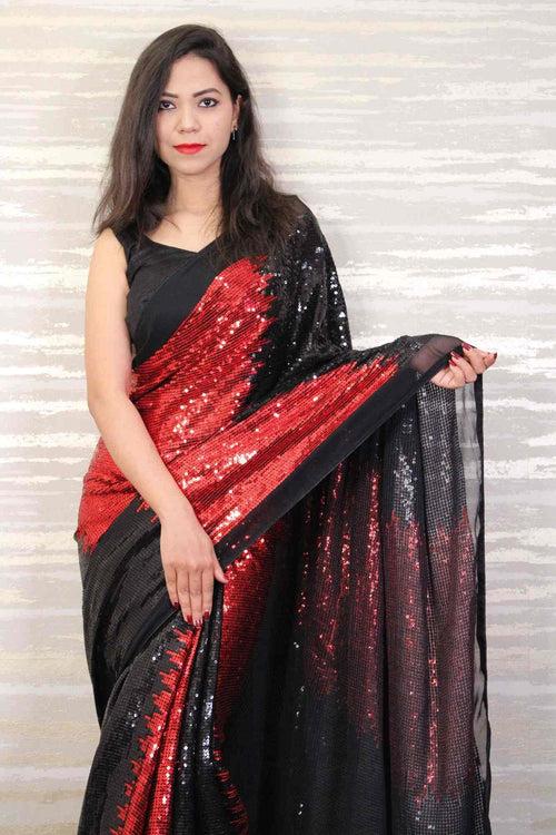 Designer georgette red and black sequin wrap in 1 minute saree