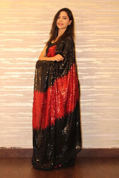 Designer georgette red and black sequin wrap in 1 minute saree