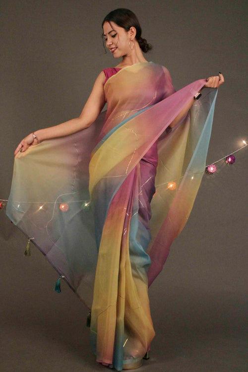 Rainbow Double Organza Sequence  Embroidered Wrap in 1 minute saree with Tassels