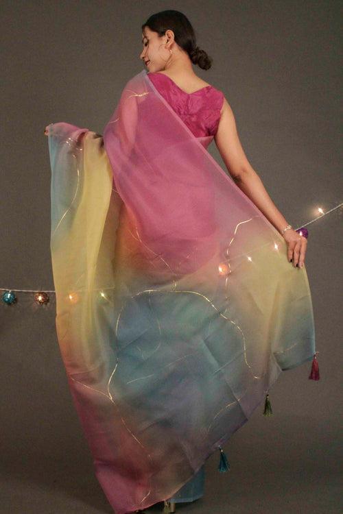 Rainbow Double Organza Sequence  Embroidered Wrap in 1 minute saree with Tassels