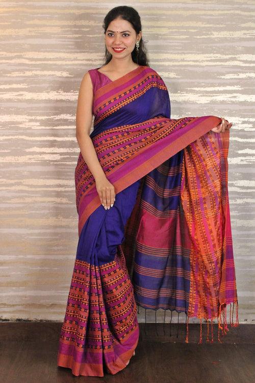 Royal blue and pink Begampuri woven wrap in 1 minute saree