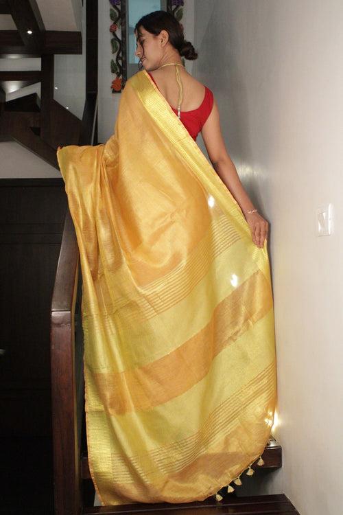 Golden linen slub classy wrap in 1 minute saree