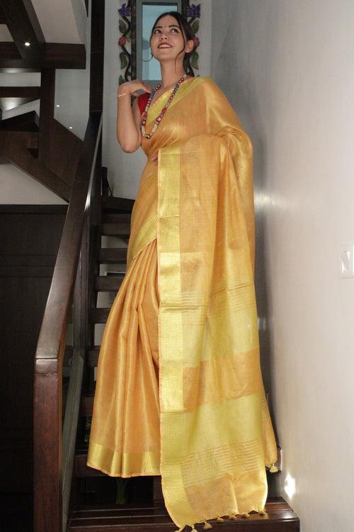 Golden linen slub classy wrap in 1 minute saree