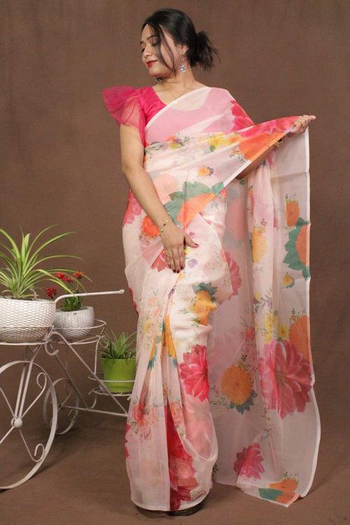 Pink & Yellow Organza Floral Printed Wrap in 1 minute saree