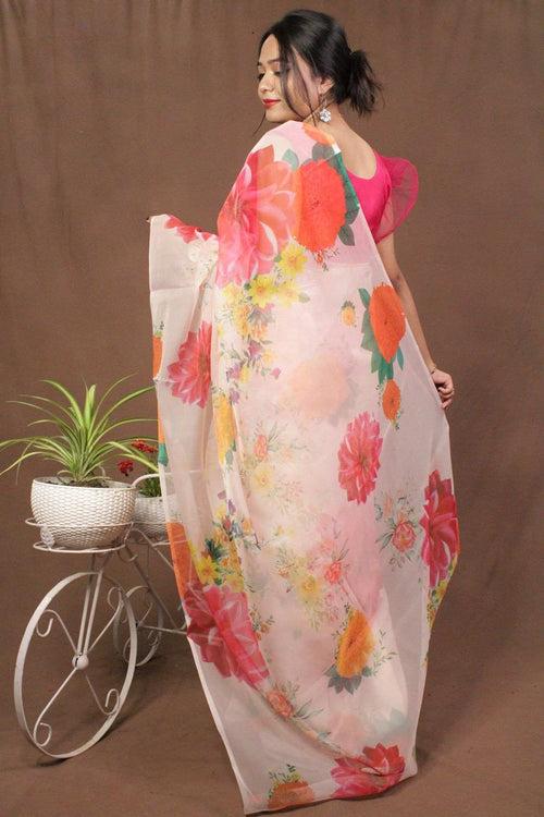 Pink & Yellow Organza Floral Printed Wrap in 1 minute saree