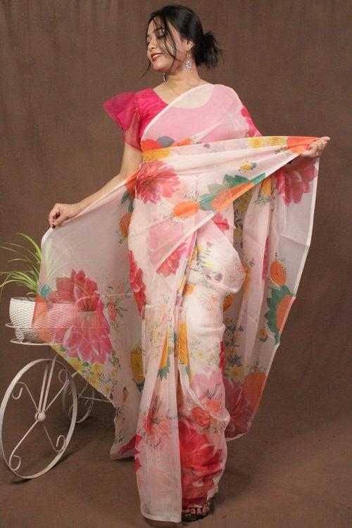 Pink & Yellow Organza Floral Printed Wrap in 1 minute saree