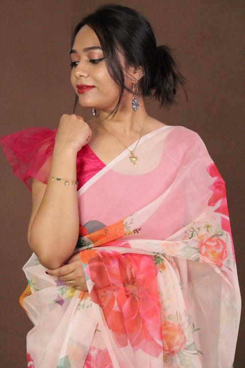 Pink & Yellow Organza Floral Printed Wrap in 1 minute saree