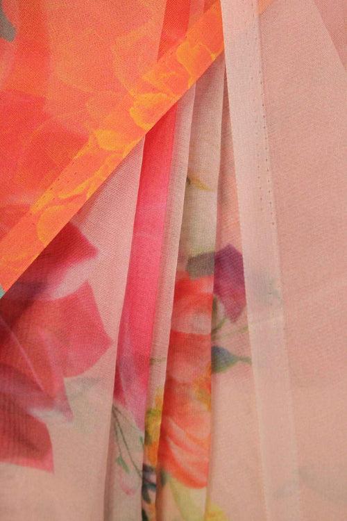 Pink & Yellow Organza Floral Printed Wrap in 1 minute saree