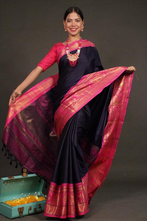 Royal Blue-Pink Banarasi Silk Wrap in 1 minute saree