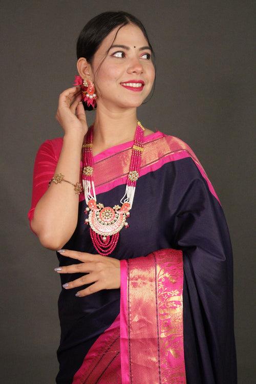 Royal Blue-Pink Banarasi Silk Wrap in 1 minute saree