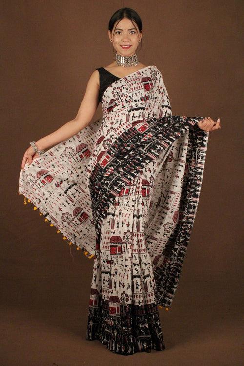 Traditional Bengal Soft Kalamkari Printed Handloom Cotton Wrap in 1 minute saree