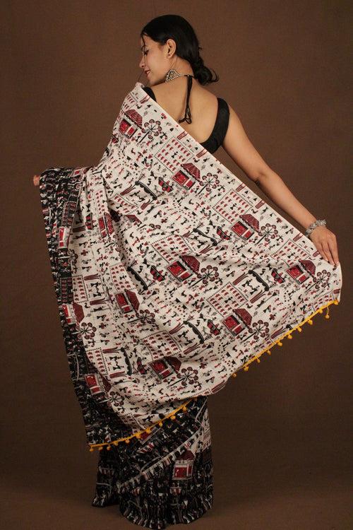 Traditional Bengal Soft Kalamkari Printed Handloom Cotton Wrap in 1 minute saree