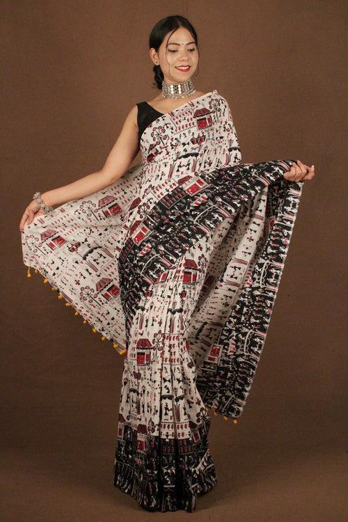 Traditional Bengal Soft Kalamkari Printed Handloom Cotton Wrap in 1 minute saree