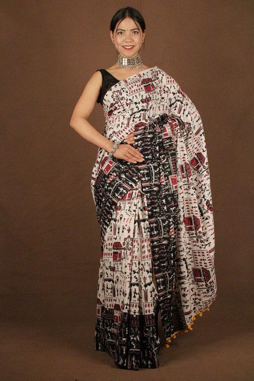 Traditional Bengal Soft Kalamkari Printed Handloom Cotton Wrap in 1 minute saree