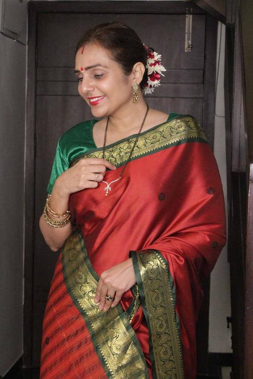 Traditional south silk Mangalgiri Maroon with woven green zari border ornate pallu 1 minute saree