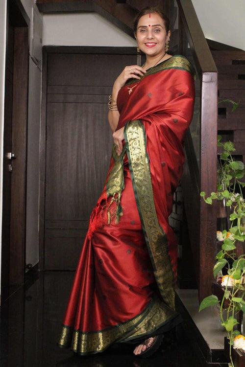 Traditional south silk Mangalgiri Maroon with woven green zari border ornate pallu 1 minute saree