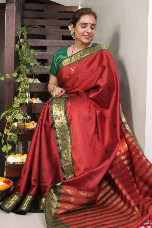 Traditional south silk Mangalgiri Maroon with woven green zari border ornate pallu 1 minute saree