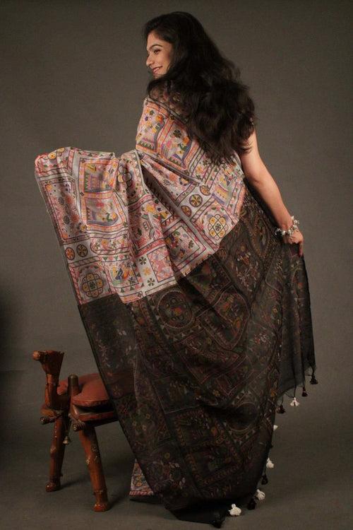 Intricately printed madhubani Printed Wrap in 1 minute saree