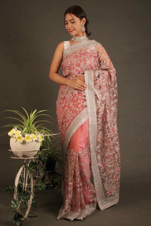 Pink & Peach Floral Zari thread Embroidered twinkiling Net Wrap in 1 minute saree