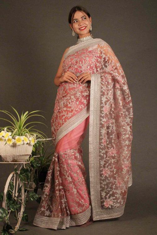 Pink & Peach Floral Zari thread Embroidered twinkiling Net Wrap in 1 minute saree