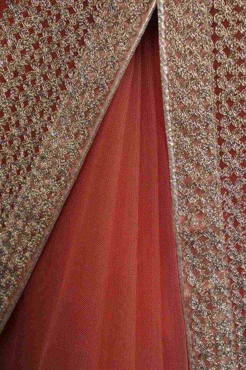 Pink & Peach Floral Zari thread Embroidered twinkiling Net Wrap in 1 minute saree