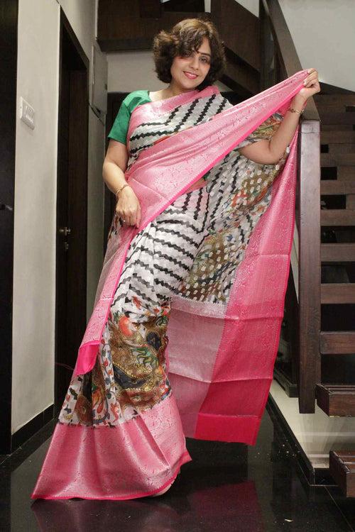 White &Pink Zari Madhubani Print with heavy zari border Wrap in 1 minute saree