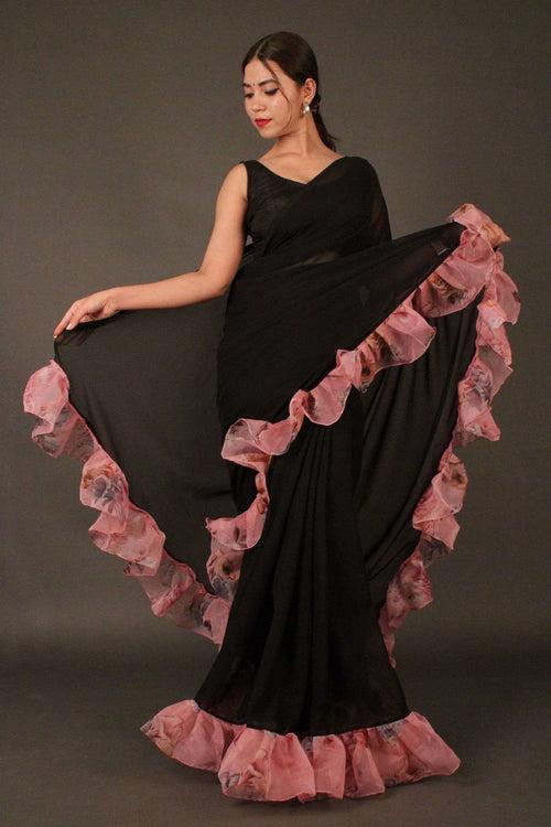 Black Georgette with Rosy Pink Ruffled Border Wrap in 1 minute saree