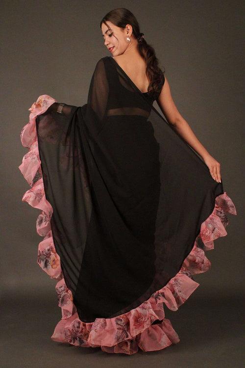 Black Georgette with Rosy Pink Ruffled Border Wrap in 1 minute saree